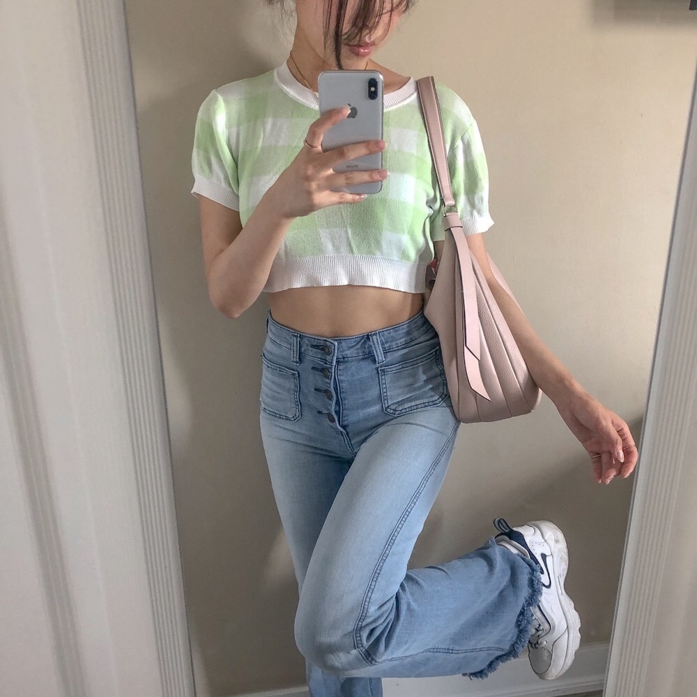 SHEIN Gingham Crop ShortSleeve Knit Top - Picture 1 of 10